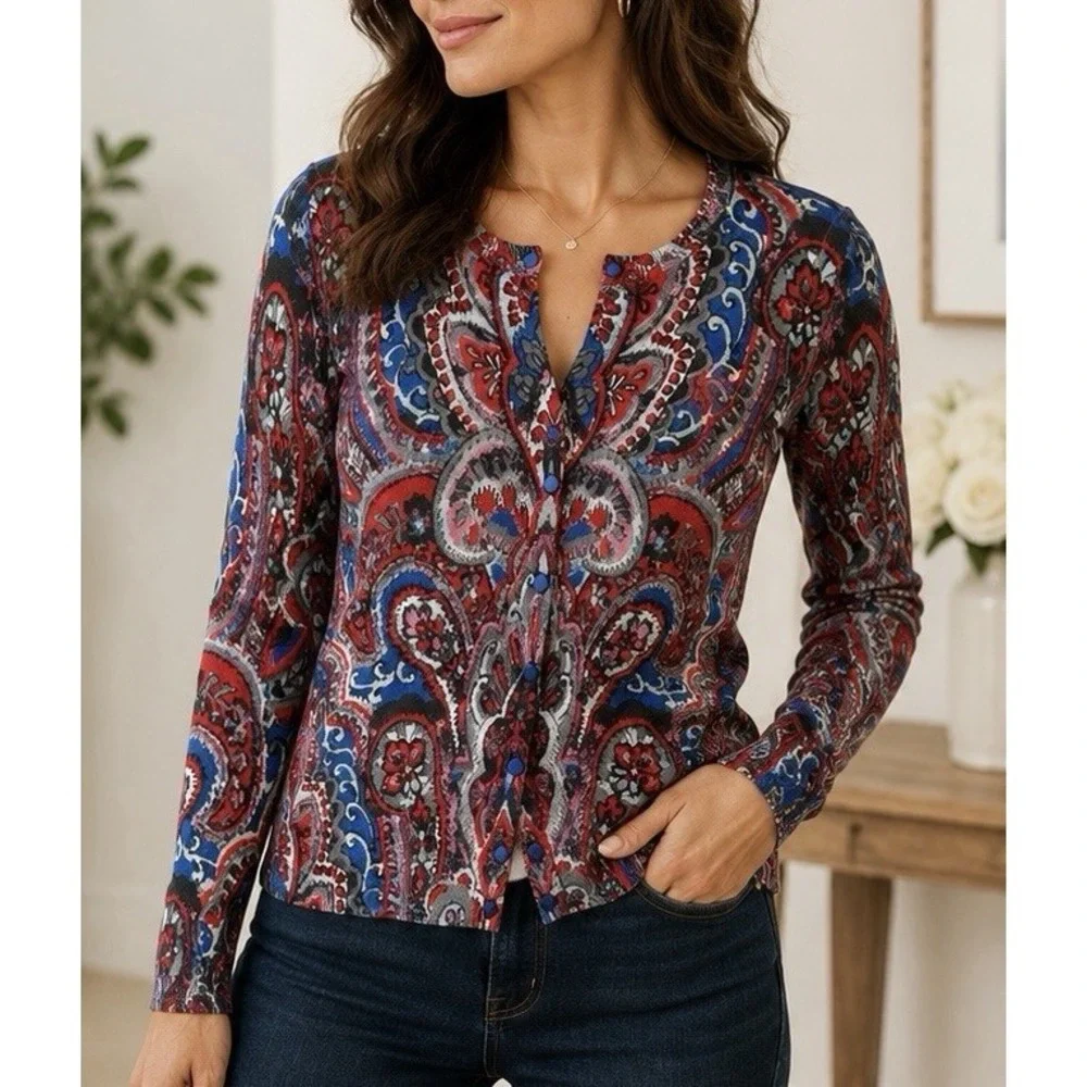 Talbots Petite Merino Wool Paisley Cardigan Sweater MP Boho Colorful